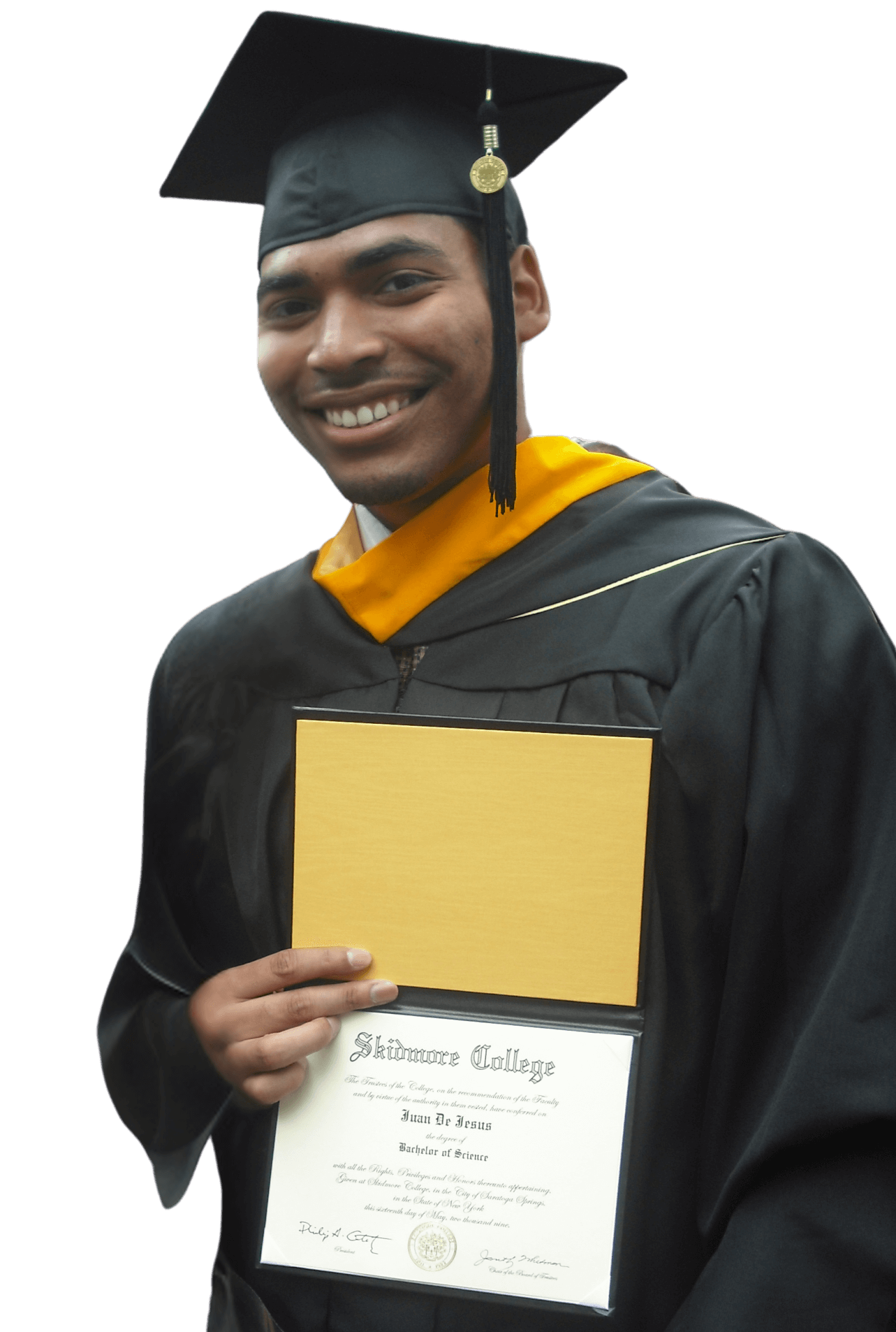 A graduate in cap and gown smiles while holding a Skidmore College diploma and diploma cover, proud to be part of the Student Leadership Network.